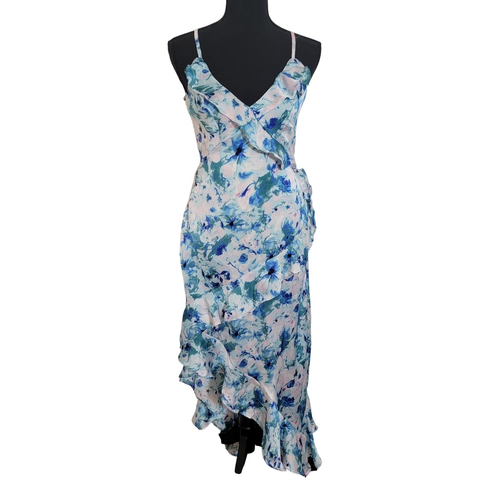 JOPA Blue Floral Ruffle High Low Maxi Dress‎ Smocked Back Spaghetti Strap Medium